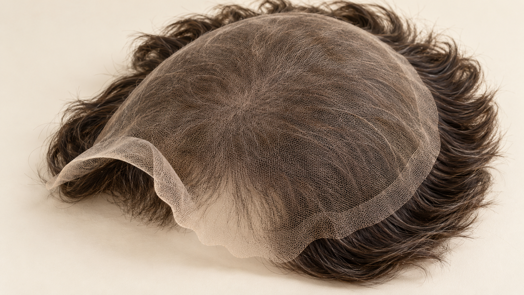Underside of a men’s full lace hair system showing its fine mesh base and lace front edge.