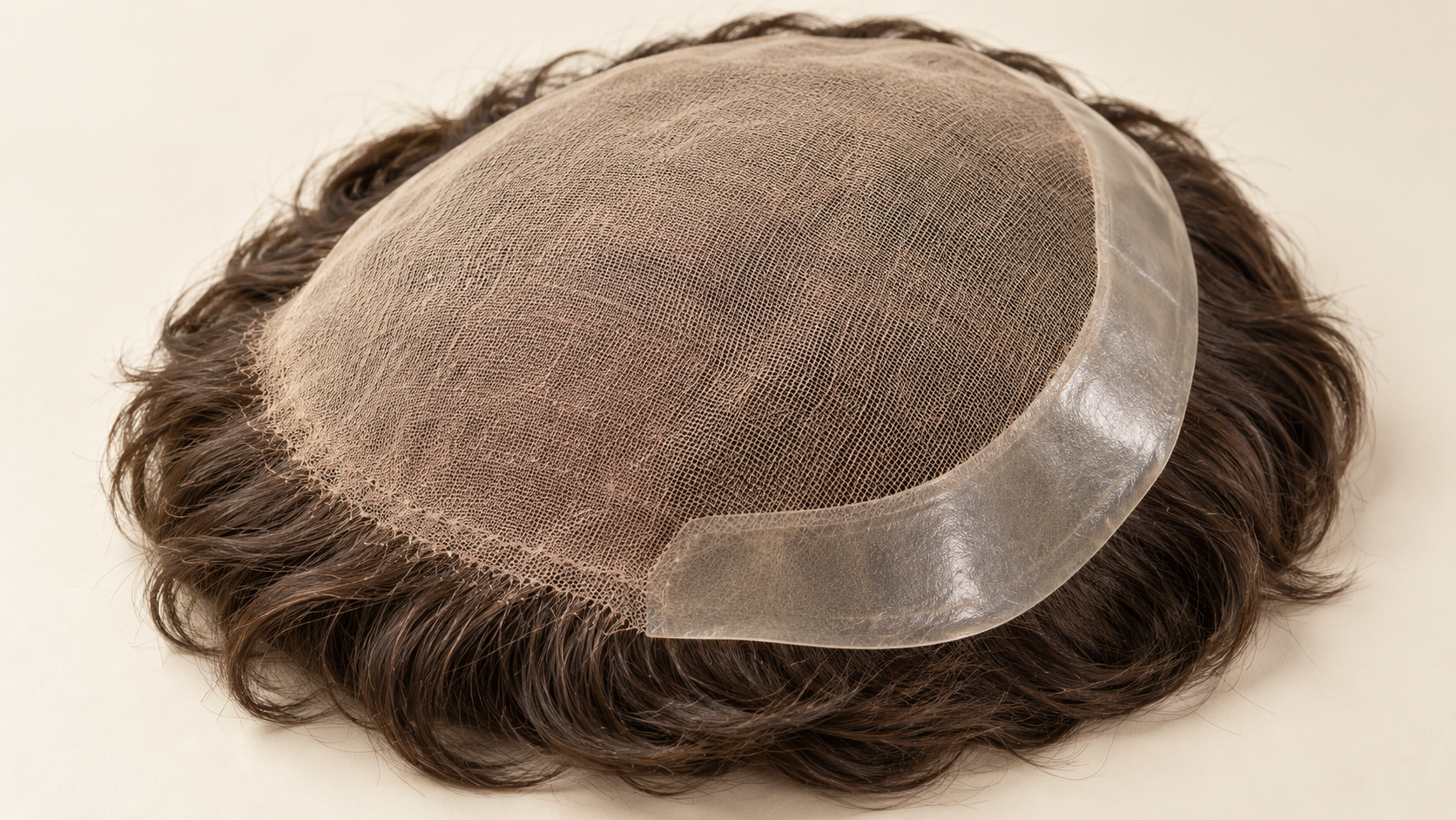 Underside of a men’s hybrid hair system showing a lace centre with a polyurethane border around the sides and back.