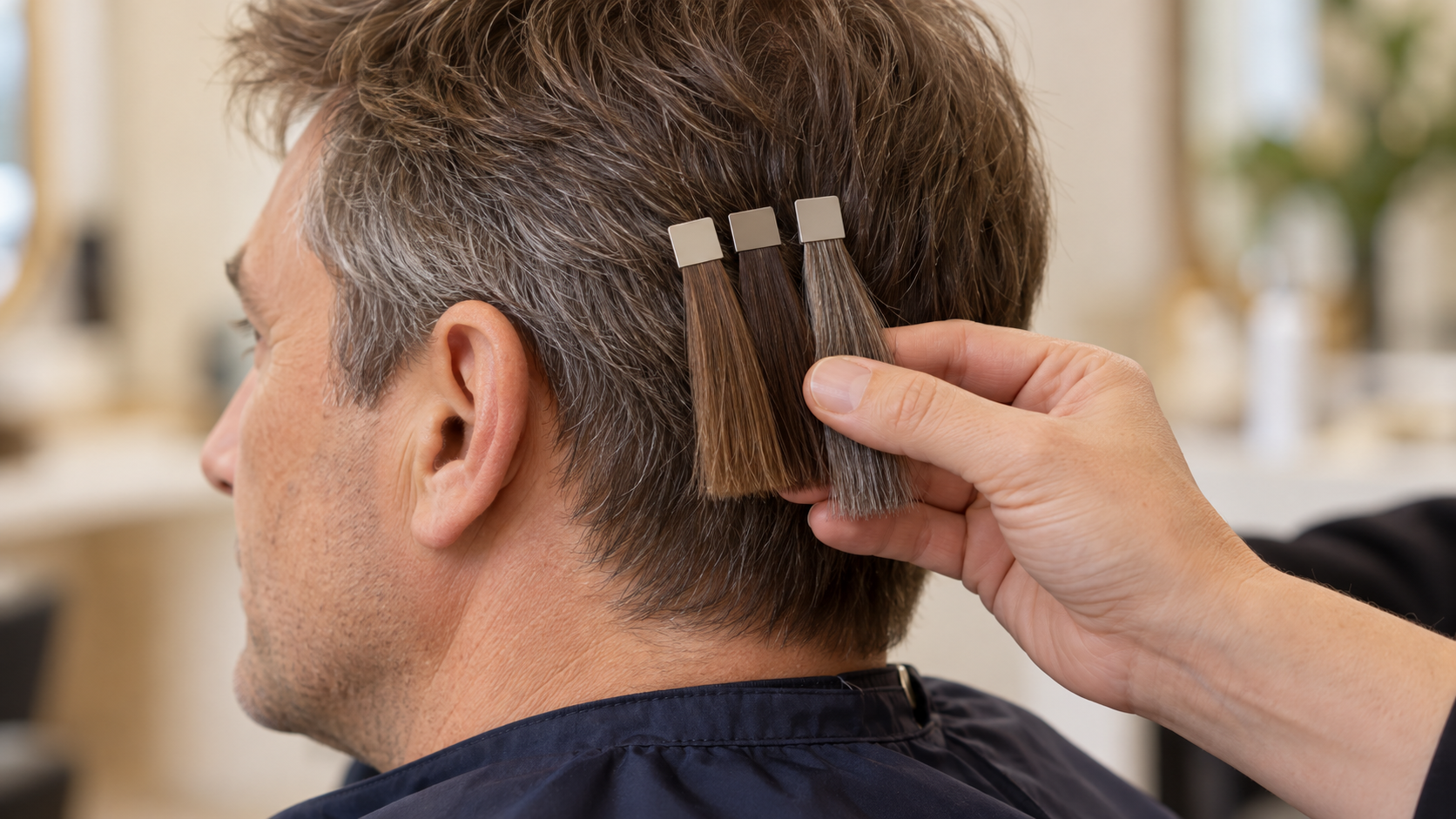 Hair colour swatches compared with a man’s natural brown and grey hair during a consultation.