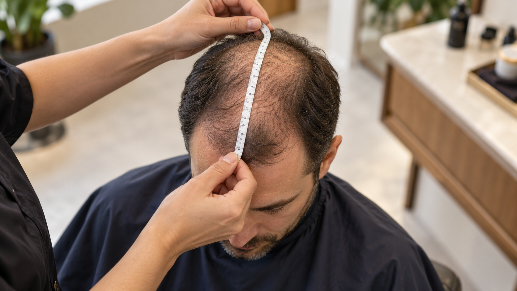 Fitter measuring the front-to-back scalp coverage area for a men’s hair system.