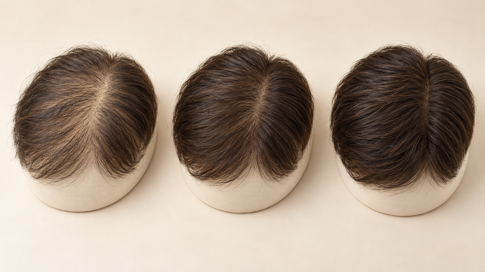 Three brown men’s hair systems showing light, medium and high density from left to right.