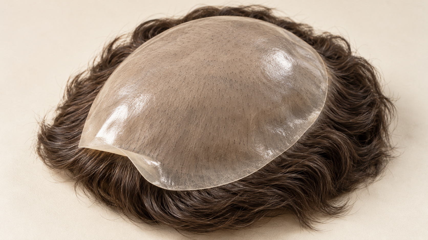 Underside of a men’s skin hair system showing its smooth, translucent polyurethane base.