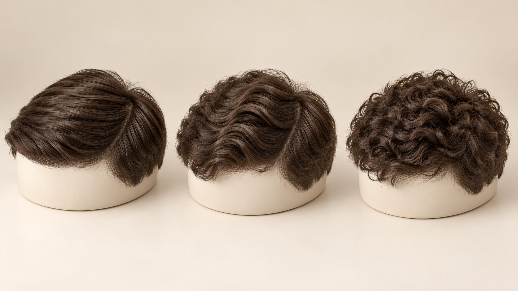 Three brown men’s hair systems showing straight, wavy and curly textures from left to right.