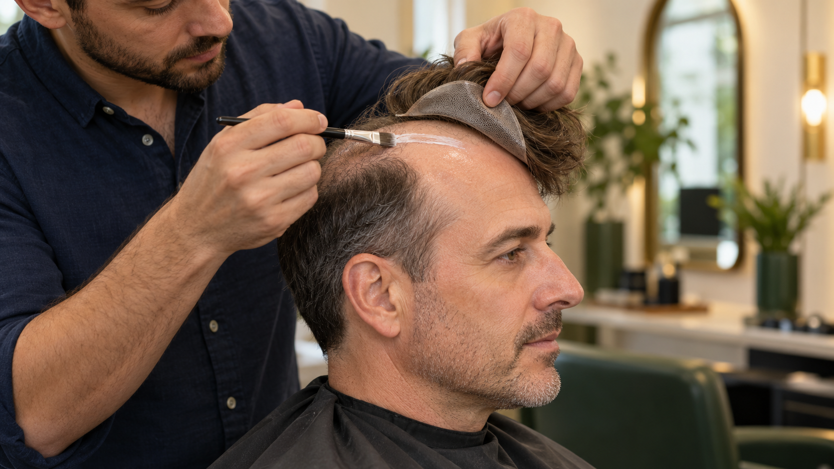 Stylist applying adhesive to a man’s scalp beside a lifted hair-system base.