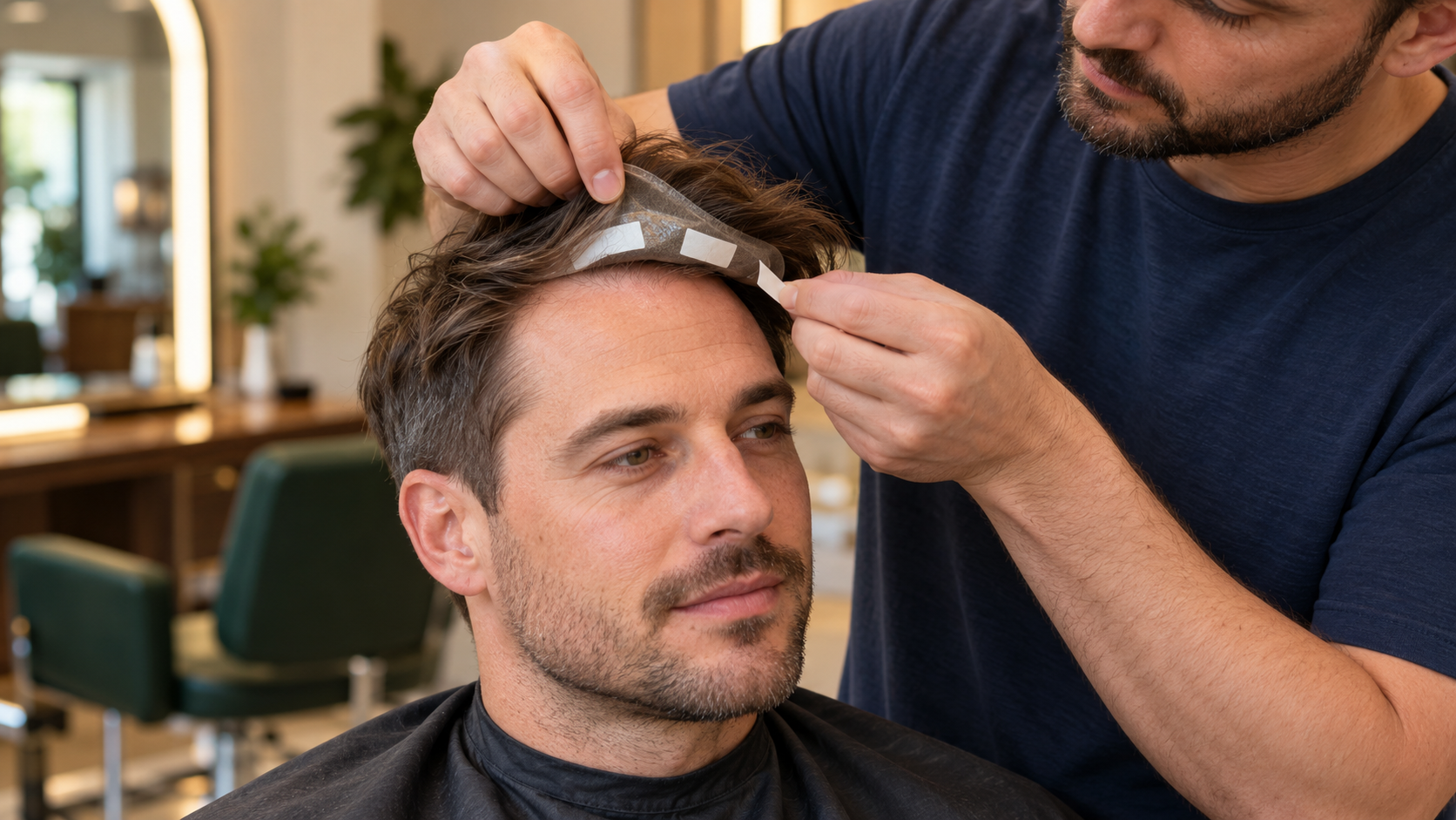 Stylist positioning a men’s hair system with adhesive tape around the base.