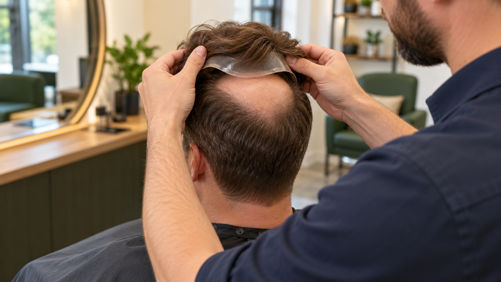 Stylist positioning a men’s hair-system base over the crown during fitting.