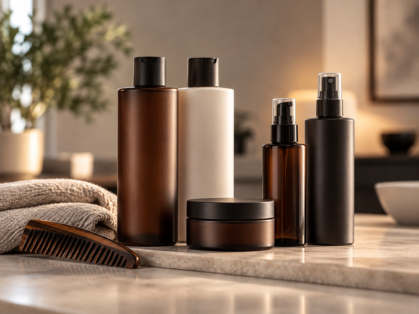 Haircare bottles and a styling jar beside folded towels and a wide-tooth comb.